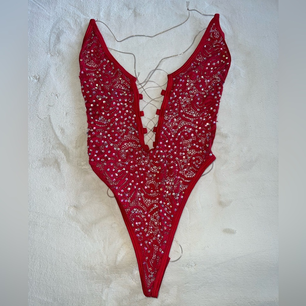 Red Beaded Bodysuit with Lace-Up Detail